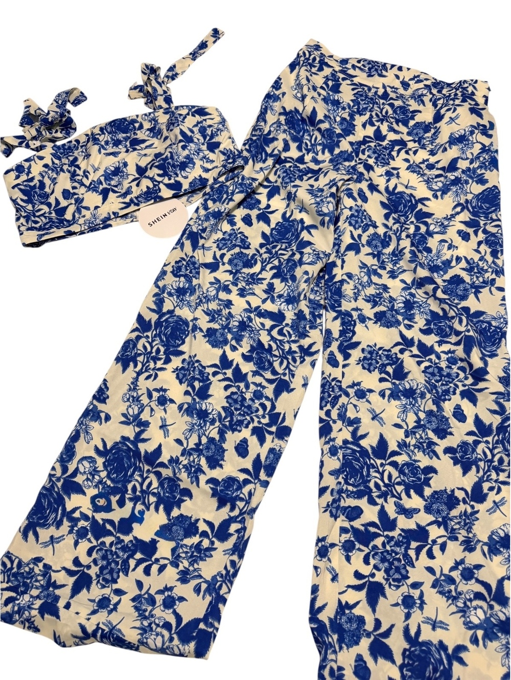 Shein Blue Floral Print Crop Top and Wide Leg Pants Set
